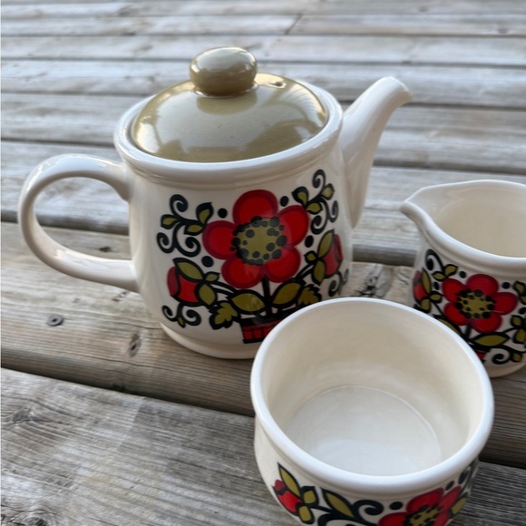 Sadler England Teapot Set  Retro Red Flower Design 1970s Staffordshire Pottery - Picture 2 of 10